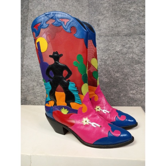 Zalo Womens 8.5 M Sunset Mesh Western Cowboy Boots Colorful Leather Vibrant VTG - Picture 11 of 16